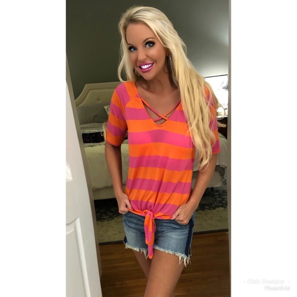🛍LAST 1! Pink/Orange Striped Knot Front Tunic! - Picture 3 of 6